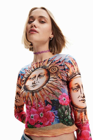 DESIGUAL Bluza crop cu imprimeu floral si grafic Femei