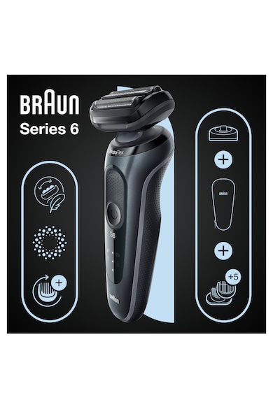 Braun Aparat de ras electric  Series 6 61-N4500cs Wet&Dry, AutoSense, 4 elemente de taiere, SensoFlex, Statie de incarcare, accesorii pentru ingrijirea barbii, Trusa de voiaj, Gri Femei