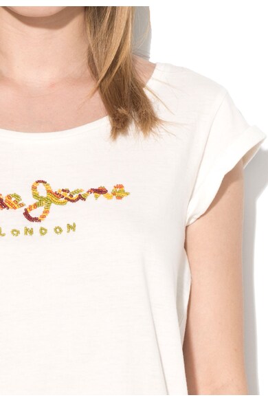 Pepe Jeans London Tricou alb prafuit cu logo din margele Cindy Femei