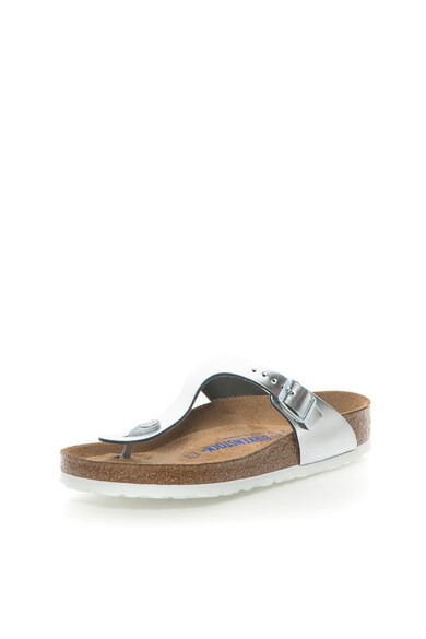 Birkenstock Papuci flip-flop argintii de piele cu calapod clasic Gizeh Femei