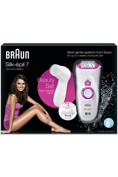 Braun Epilator  SE7-539 Legs Body Face + Perie Sonica faciala, 40 de pensete, Alb/Roz Femei