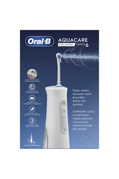Oral-B Irigator bucal portabil  AquaCare Pro Expert Series 6, Tehnologie Oxyjet, 3 intensitati, 2 fluxuri de apa, fara fir, Alb Femei