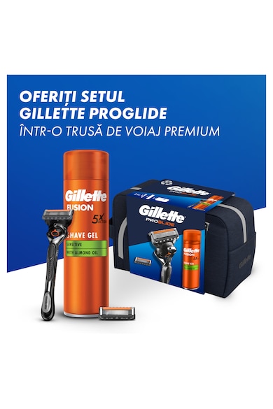 Gillette Set cadou  Proglide: Aparat de ras + 1 Lama de rezerva + Gel de ras Fusion Ultra Sensitive, 200 ml + Trusa de voiaj Barbati