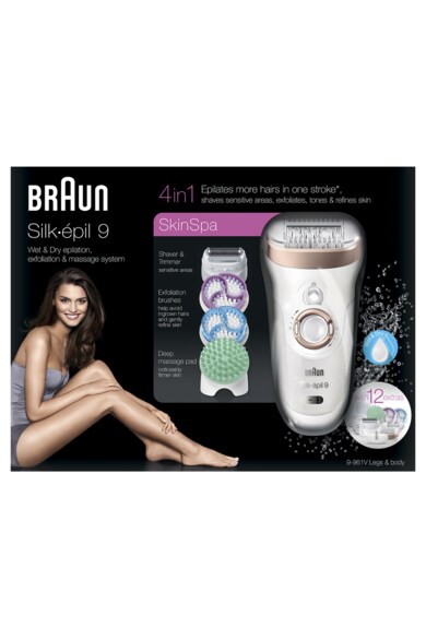 Braun Epilator  SE9-961V Wet&Dry SkinSpa Legs&Body, 40 de pensete, acumulator, 12 accesorii, Alb/Auriu Femei