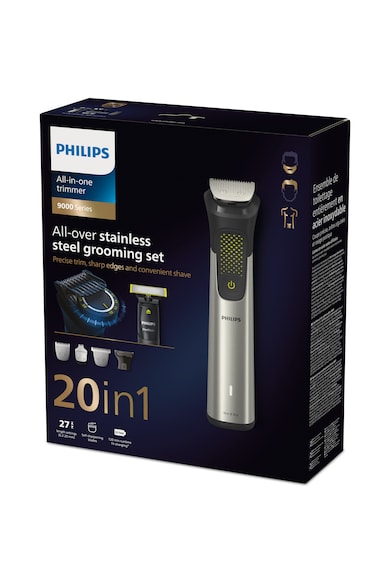 Philips Set OneBlade & Aparat de tuns barba si parul 20 in 1  Multigroom All in One MG9553/15, tehnologie BeardSense si OneBlade, lame din otel cu auto-ascutire, 27 setari de lungime, rezistent la apa, husa, Argintiu Barbati