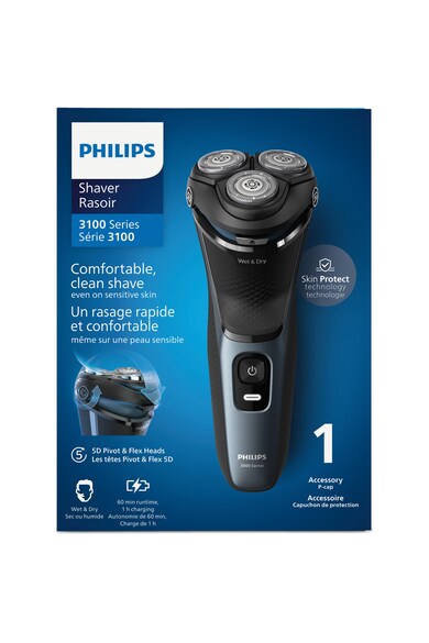 Philips Aparat de ras  Shaver Seria 3000 S3144/00, barbierit umed şi uscat, fara fir, capete 5D pivotante si flexibile, lame autoascutire, 60 min, capac de protectie, Albastru intens Barbati