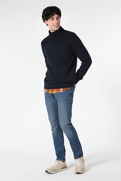 Pulover cu model torsade si guler scurt - Ocean Blue