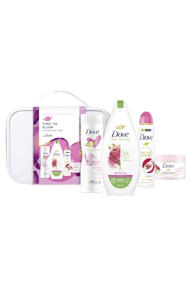 Dove Set cadou : Gel de dus Dove Glowing, 225 ml + deodorant Dove Pomegranate, 150 ml + lotiune de corp Dove Glowing Care, 250 ml + Scrub Dove Pomegranate 225ml + geanta cadou Femei