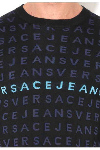 Versace Jeans Pulover negru cu albastru royal tricotat fin cu logo Barbati