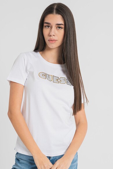 GUESS Tricou cu decolteu la baza gatului, cu logo Femei