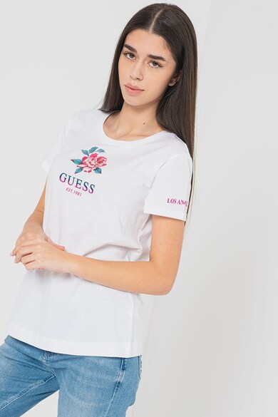 GUESS Tricou cu decolteu la baza gatului, cu logo si imprimeu floral Femei