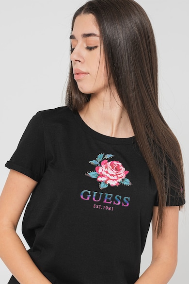 GUESS Tricou cu decolteu la baza gatului, cu logo si imprimeu floral Femei