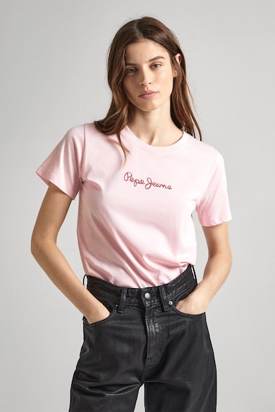 Pepe Jeans London Tricou cu decolteu la baza gatului si imprimeu logo discret Femei