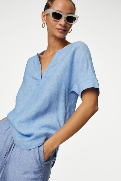 Marks & Spencer Раирана ленена блуза с къси ръкави Жени