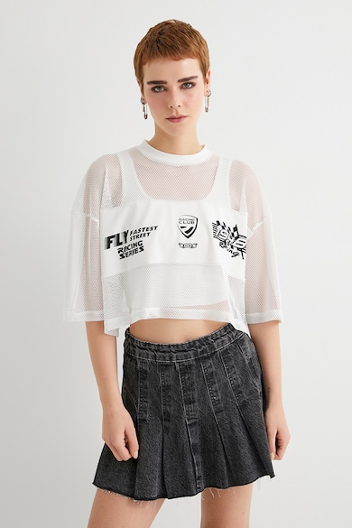 KOTON Bő fazonú hálós crop póló mintával női