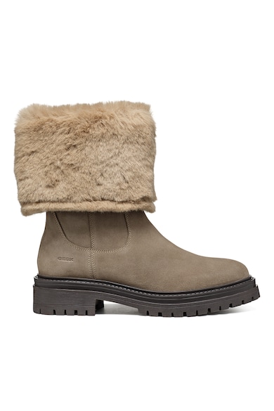 Cizme mid-calf de piele cu garnituri de blana sintetica - Maro taupe