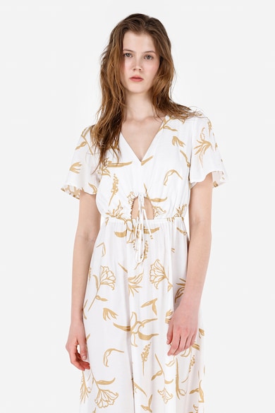 Rochie midi cu decolteu in V si decupaj - Alb/Bej deschis