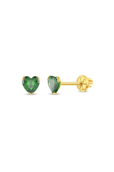 Cercei Copii din Aur 14K - model Birthstone (zi nastere mai) - forma Inima cu Piatra CZ Green - inchidere cu Filet si Protectie