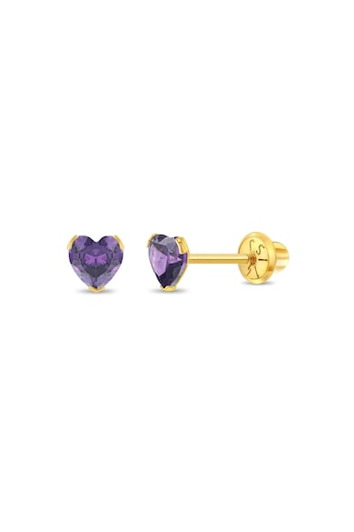 Cercei Copii din Aur 14K - model Birthstone (zi nastere februarie) - forma Inima cu Piatra CZ Purple - inchidere cu Filet si Protectie