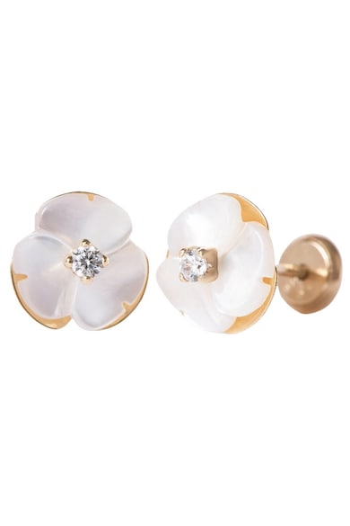 Cercei Copii din Aur 14K - model Floare Sidef Perla si piatra CZ alba - inchidere cu Filet si Protectie