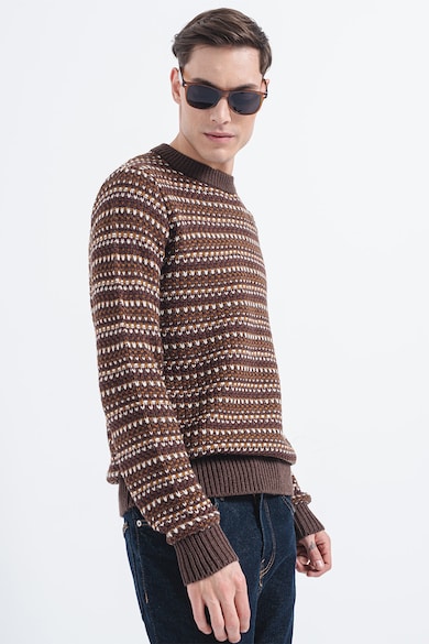 Pulover din amestec de bumbac cu decolteu la baza gatului - Maro/Alb murdar/Violet pruna