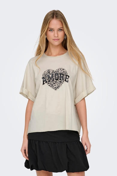 Tricou de bumbac cu imprimeu grafic - Negru/Bej