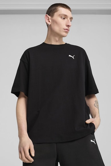 Tricou de bumbac cu decolteu la baza gatului si logo discret - Negru