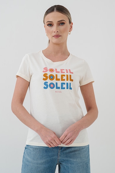 Tricou cu decolteu la baza gatului si imprimeu text Alma - Alb murdar/Roz