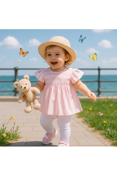 Bluza babydoll - Flowers - Roz cu dungi albe - pentru fetite - Roz