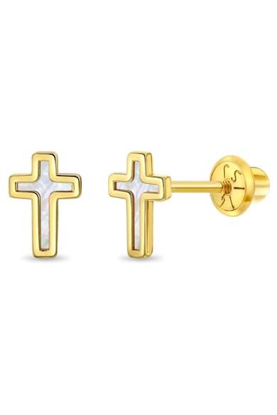 Cercei din Aur 14K pentru Bebelusi si Copii - model Cruciulita cu Sidef de Perla - inchidere cu Filet si Protectie