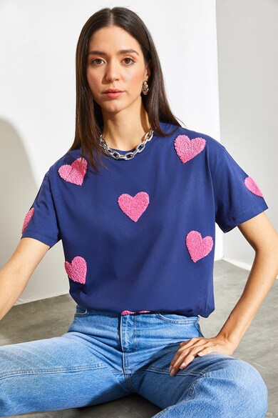 Model Cu Inimi Tricou din bumbac cu model inima Shade (HBC00006G8V7P-NAVY-BLUE ...