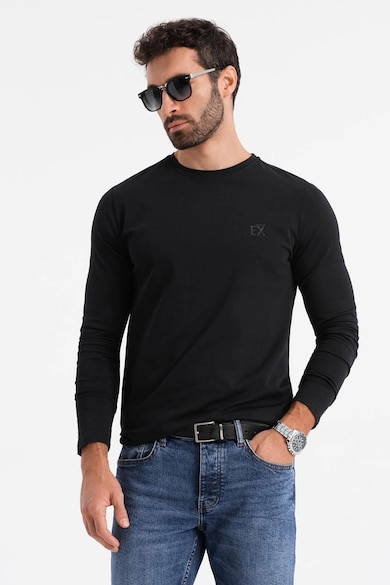 Bluza din amestec de bumbac cu decolteu la baza gatului - Negru