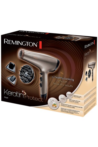 Remington Uscator de par  Keratin Protect , 2200W, 3 trepte temperatura, 2 viteze, Cool Shot, 2 concentratoare, Difuzor volum, Auriu Femei