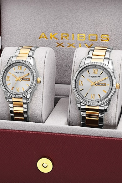 AKRIBOS XXIV Set de ceasuri decorat cu cristale pentru el si ea - 2 piese Barbati