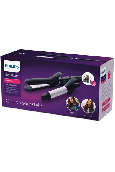 Philips Set de coafat multifunctional  StyleCare BHH811/00, Placa de par, ondulator, Tehnologie OneClick, 5 accesorii, 210 grade, Negru Femei