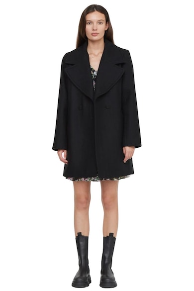 Palton elegant - negru - lana si poliester - cu nasturi dubli - pentru femei -