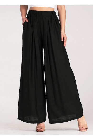 Pantaloni dama negri - largi - cu talie inalta - din vascoza si elastan -