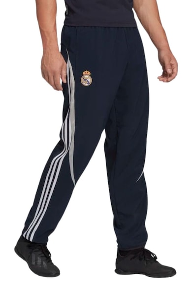 Pantaloni sport barbati albastru marin - 100% poliester reciclat - cu logo si dungi - set cu trei buzunare cu fermoar -