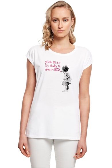 Tricou cu decolteu la baza gatului si imprimeu text - Alb/Negru/Roz aprins