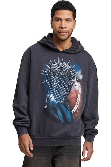 Hanorac unisex supradimensionat cu imprimeu - Albastru/Gri antracit