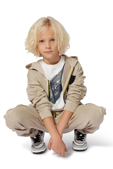 Bluza cu decolteu la baza gatului si imprimeu grafic - Alb fildes/Gri inchis