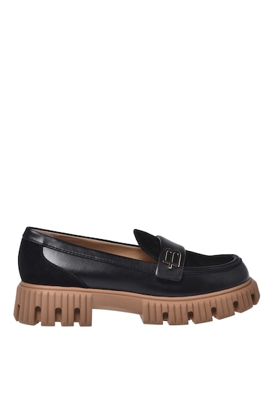 Pantofi loafer din piele cu talpa demi-wedge si detaliu cu logo metalic - Negru