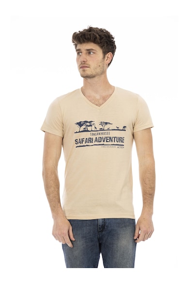 Tricou cu decolteu in V si imprimeu - Bej inchis