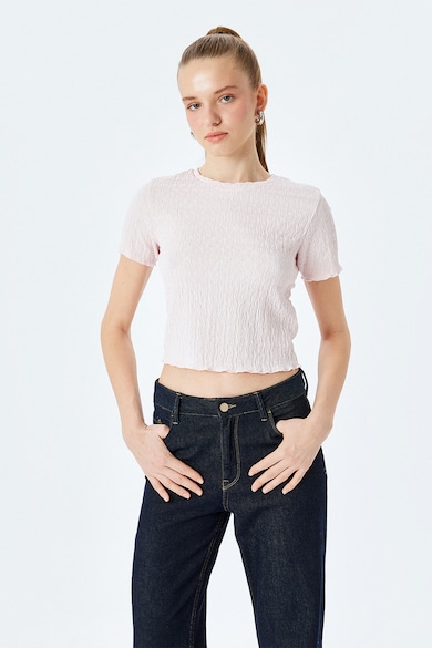 Tricou crop cu model texturat - Roz pal