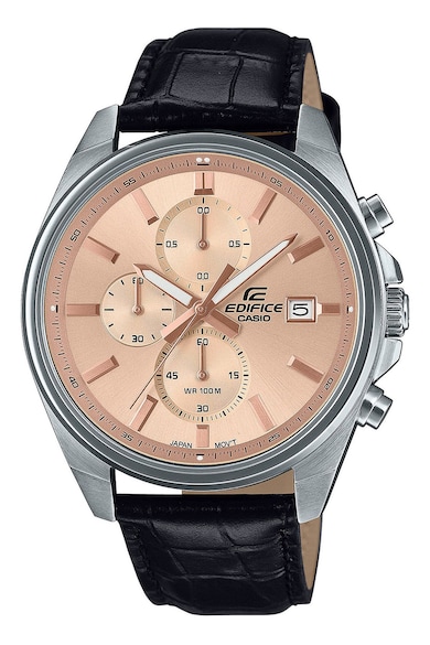 Ceas barbati Edifice EFV-610EL-5AUEF - quartz - negru - 44mm - rezistent la apa 100m - curea din piele naturala - cadran aur roz