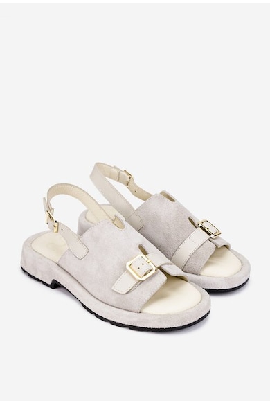 Sandale dama gri din piele intoarsa cu insertie piele box bej