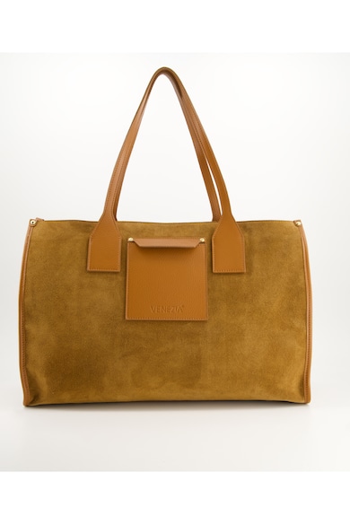 Geanta dama shopper - piele intoarsa - maro - 32x44x17cm - cu 3 buzunare interioare si 1 exterior - lungime manere 50cm