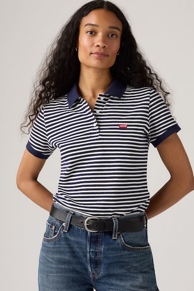 Tricou polo din material pique cu croiala slim fit - Alb optic/Bleumarin