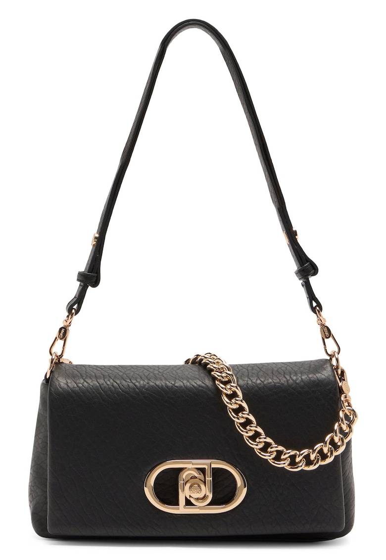 Geanta crossbody cu clapa si bareta de lant - Negru