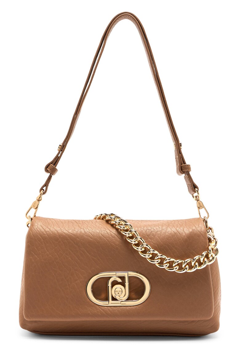 Geanta crossbody cu clapa si bareta de lant - Maro deschis